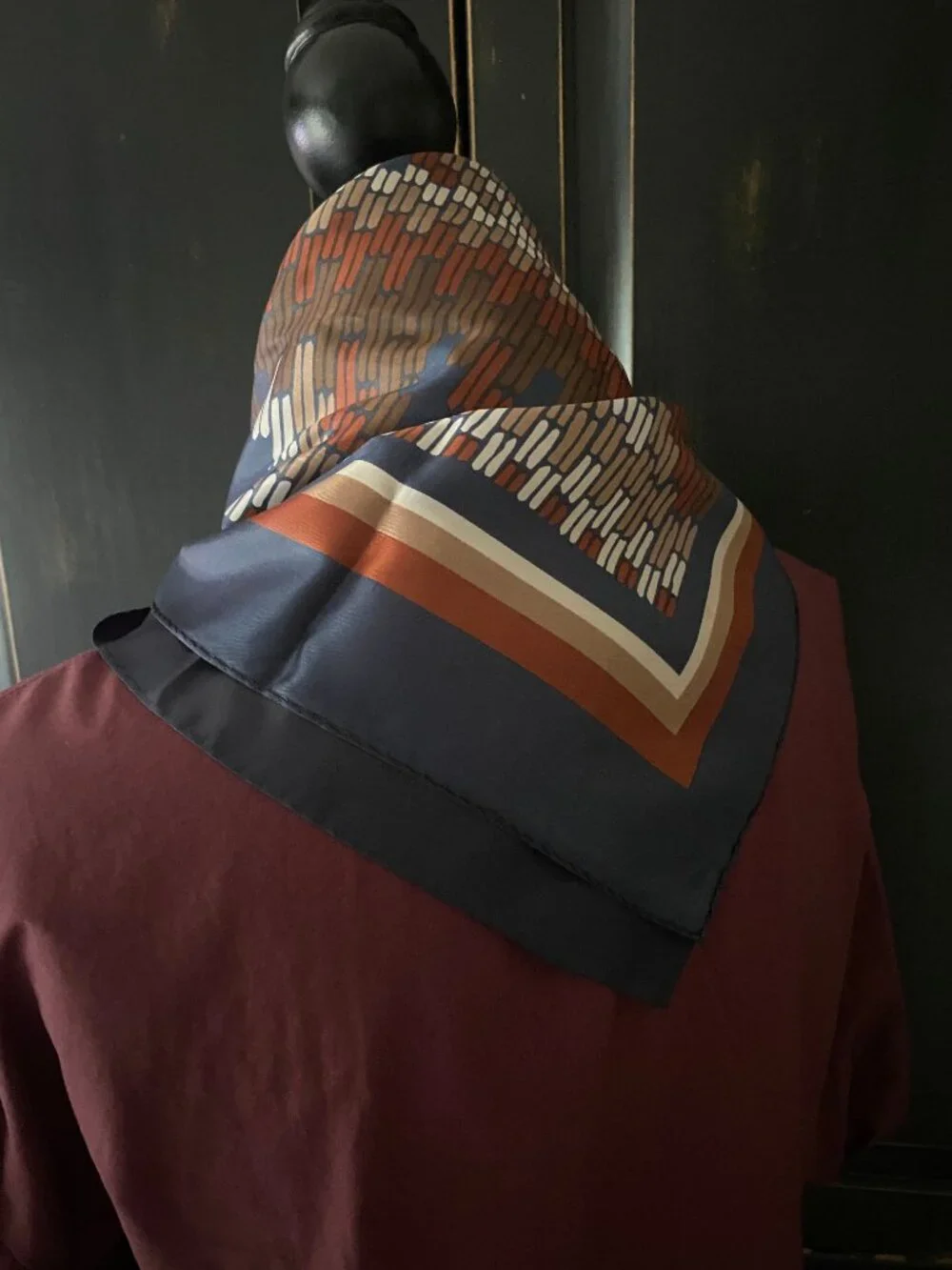 Vintage Square Scarf - Navy Rust Brown Cream Geometric Print - Silky Satin Look